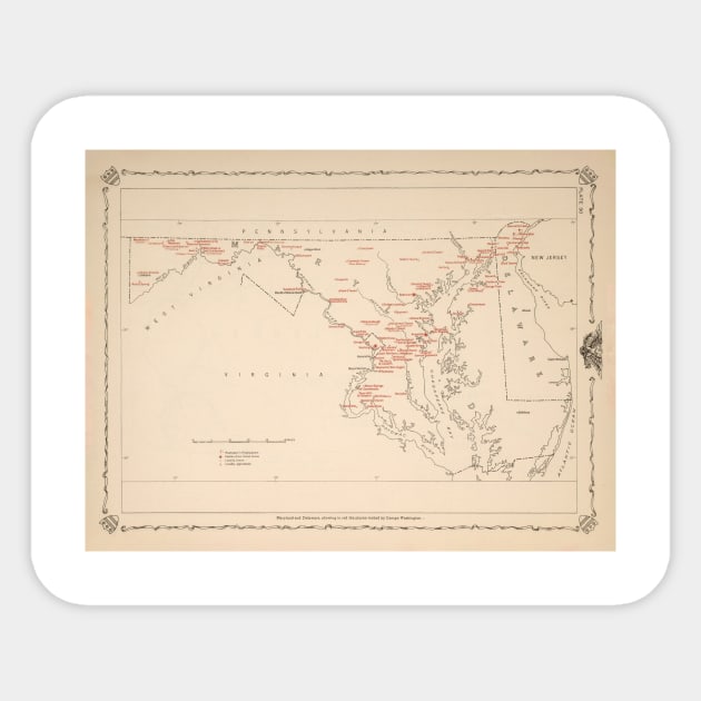 Old Maryland George Washington Historical Landmarks Map (1932) Vintage Founding Father MD Visited Atlas Sticker by Bravuramedia